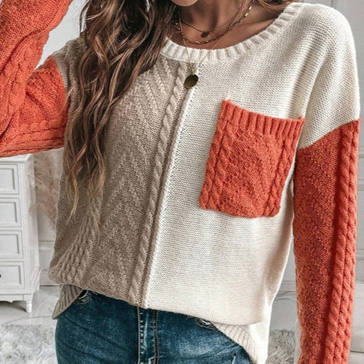 Women's Round Neck Wool Long Sleeve Fashion All-match Contrast Color Sweater