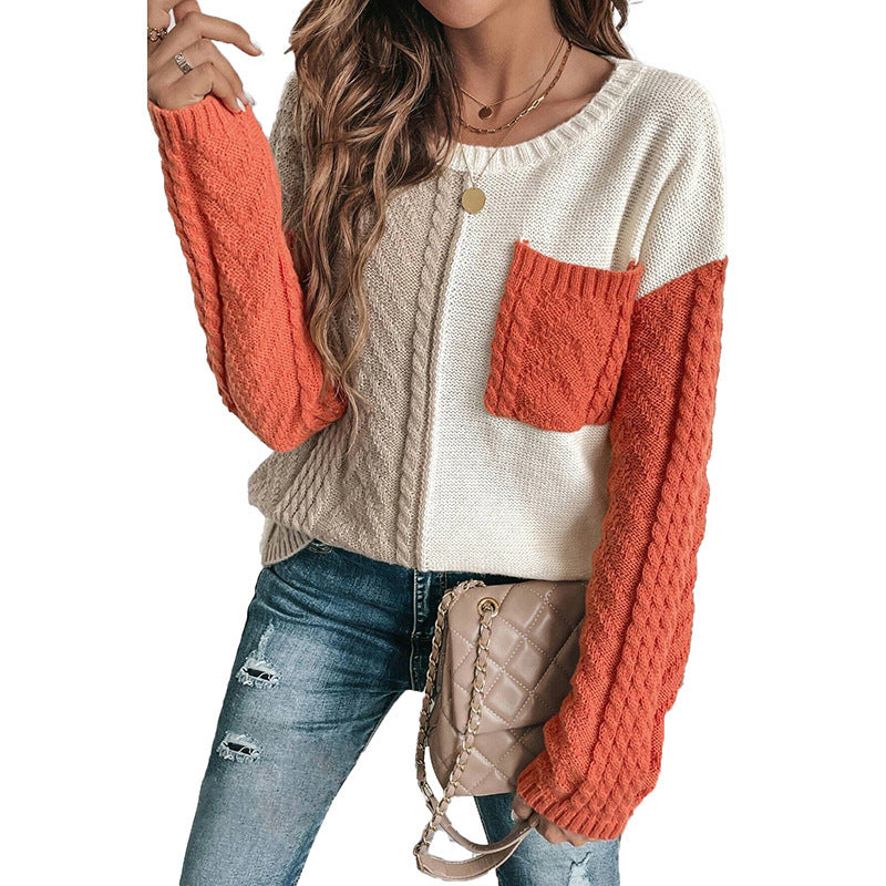 Women's Round Neck Wool Long Sleeve Fashion All-match Contrast Color Sweater