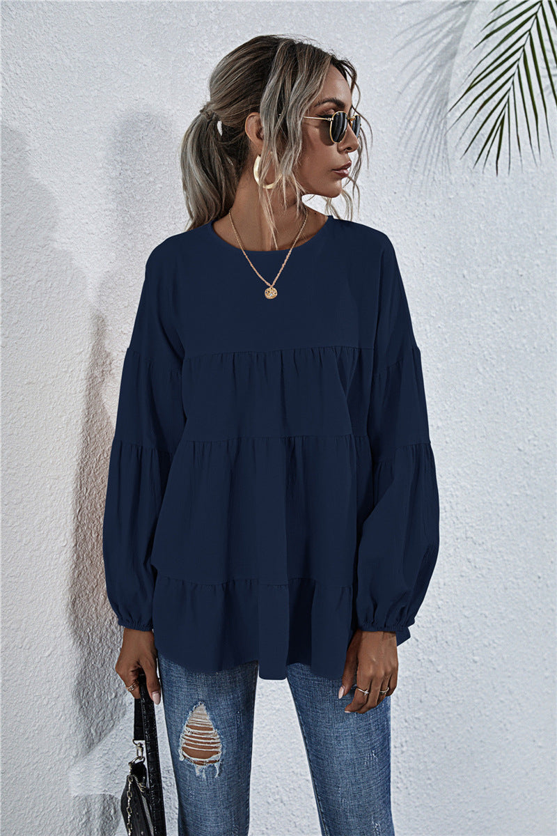 Round Neck Lantern Long-sleeved Large-length Loose Top