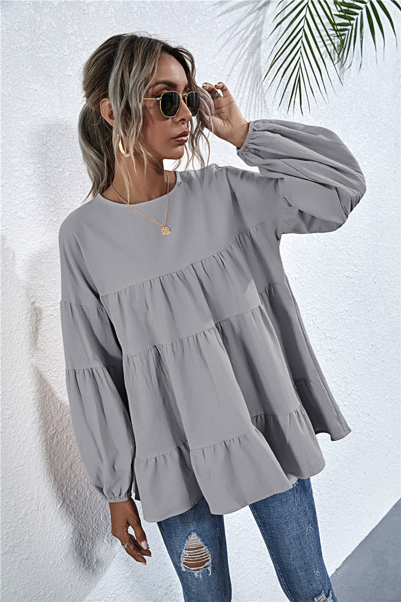 Round Neck Lantern Long-sleeved Large-length Loose Top