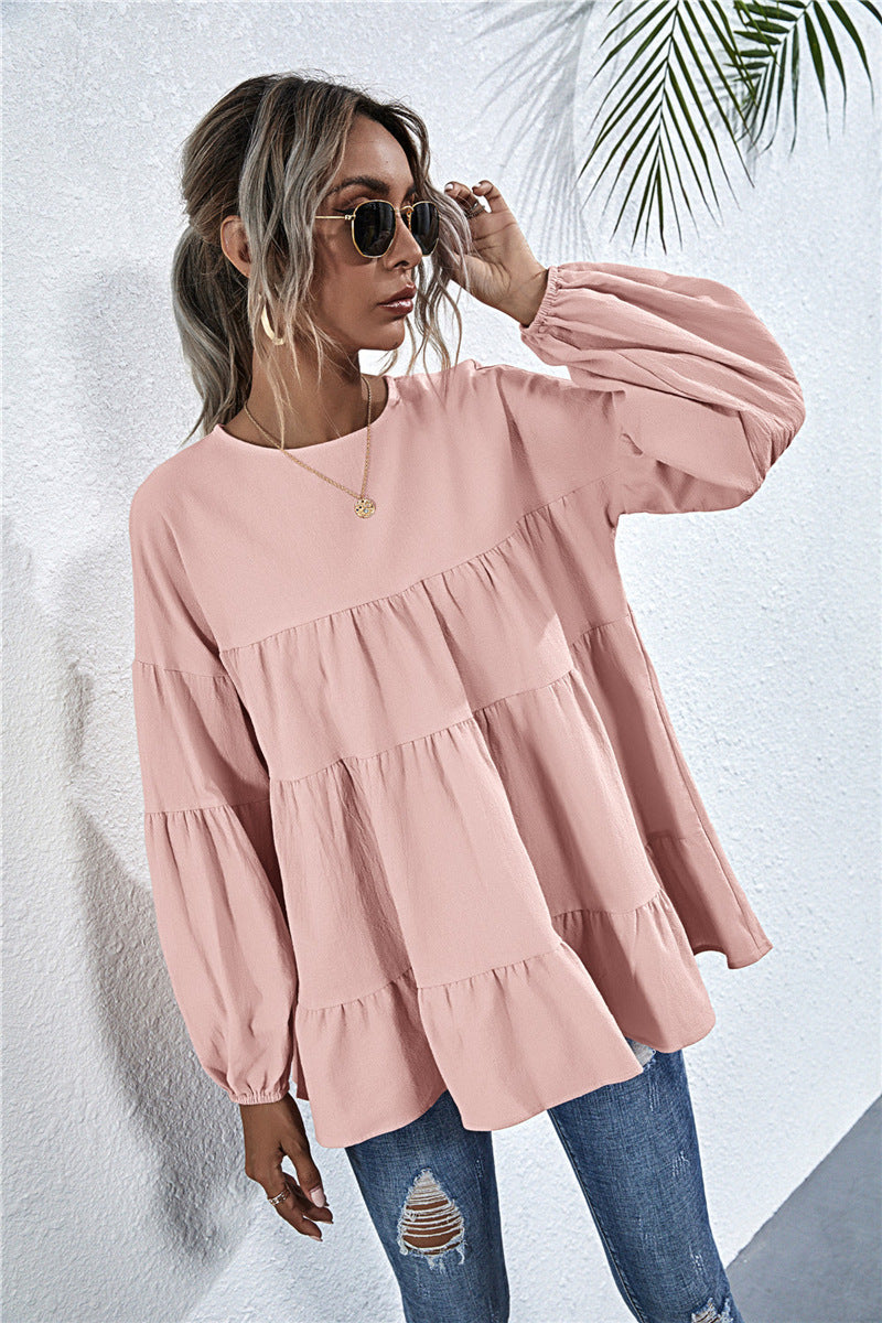 Round Neck Lantern Long-sleeved Large-length Loose Top