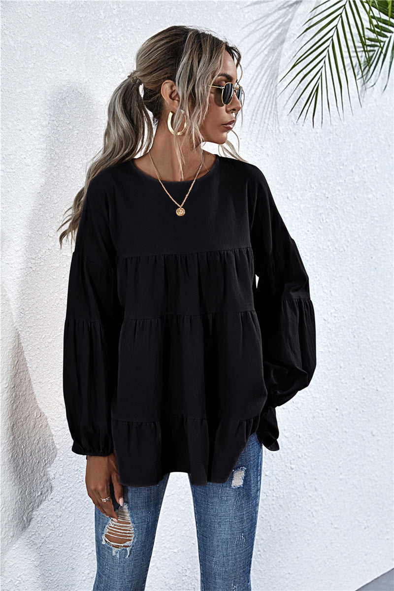 Round Neck Lantern Long-sleeved Large-length Loose Top