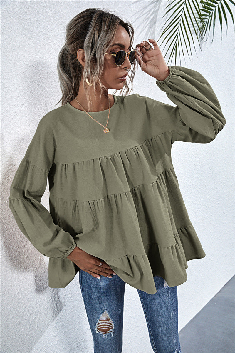 Round Neck Lantern Long-sleeved Large-length Loose Top