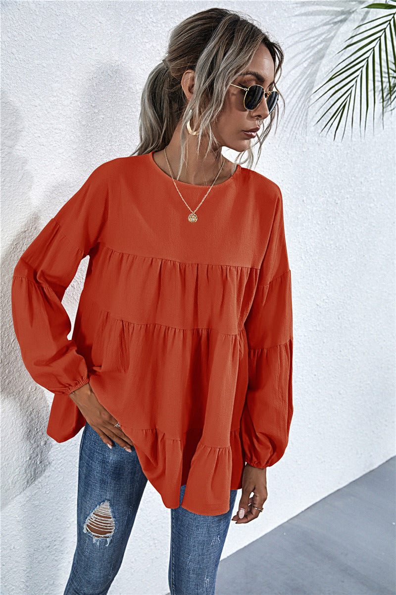 Round Neck Lantern Long-sleeved Large-length Loose Top