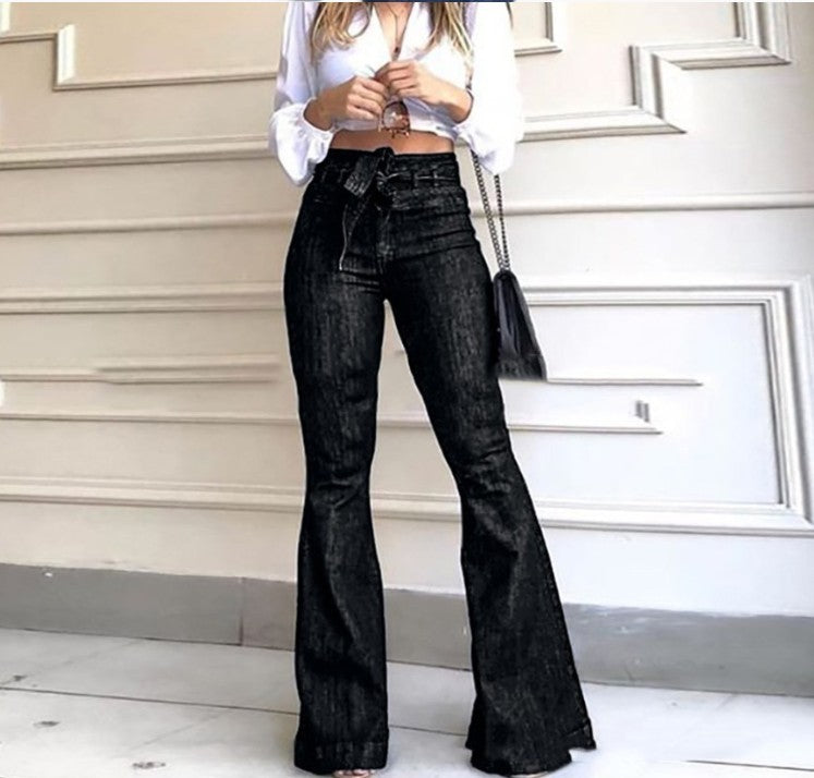 High-Rise Micro-Elastic Lace-Up Flared Trousers Wide-Leg Jeans