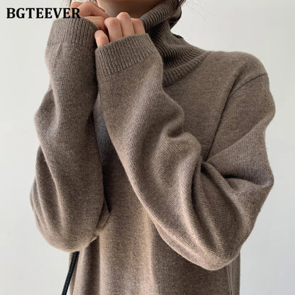 Casual Thicken Warm Women Knitted Dress Full Sleeve Loose Turtleneck Female Sweater Dresses 2021 Autumn Winter Vestidos