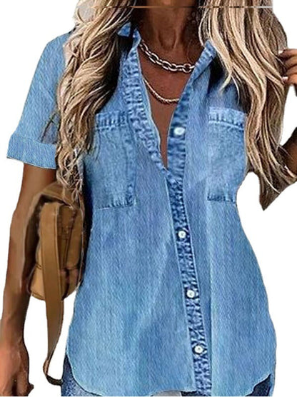 Wear Loose Denim-like Printed Short-sleeved Shirt