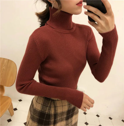 Women Turtleneck Sweaters Autumn Winter Korean Slim Pullover Women Basic Tops Casual Soft Knit Sweater Soft Warm Jumper