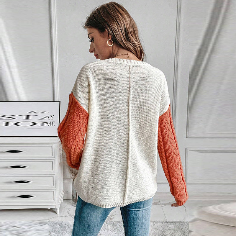 Women's Round Neck Wool Long Sleeve Fashion All-match Contrast Color Sweater