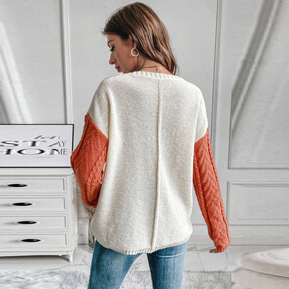 Women's Round Neck Wool Long Sleeve Fashion All-match Contrast Color Sweater