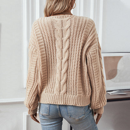 European And American Solid Color Twisted Sweater Women's Autumn Winter Retro Lantern Sleeve Twisted Sweater