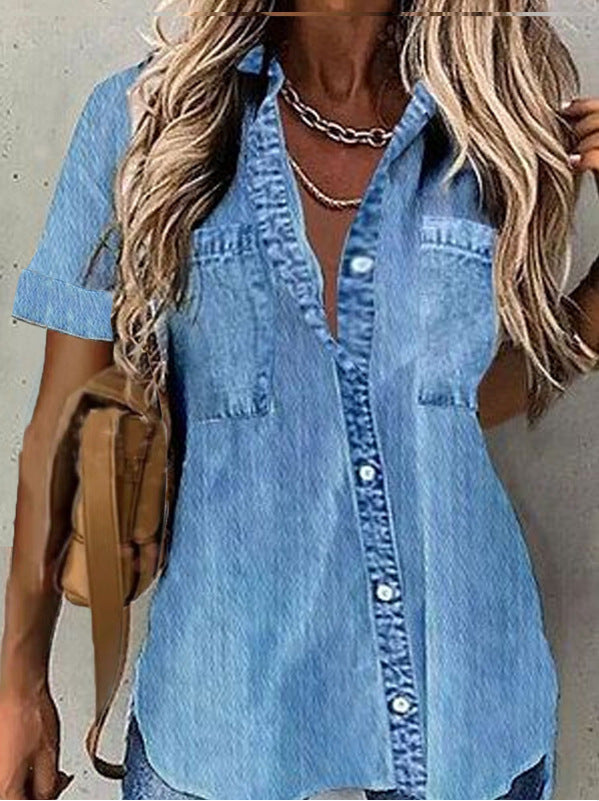 Wear Loose Denim-like Printed Short-sleeved Shirt