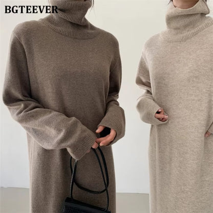 Casual Thicken Warm Women Knitted Dress Full Sleeve Loose Turtleneck Female Sweater Dresses 2021 Autumn Winter Vestidos