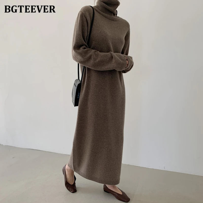 Casual Thicken Warm Women Knitted Dress Full Sleeve Loose Turtleneck Female Sweater Dresses 2021 Autumn Winter Vestidos