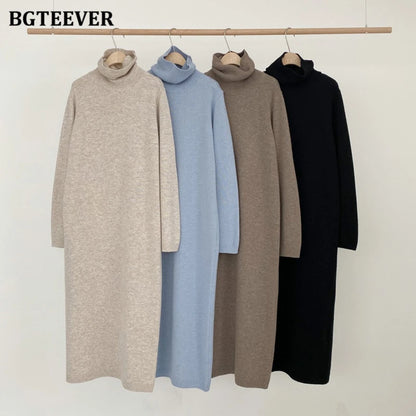 Casual Thicken Warm Women Knitted Dress Full Sleeve Loose Turtleneck Female Sweater Dresses 2021 Autumn Winter Vestidos