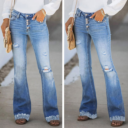 Fringed Straight Leg European And American Ripped Jeans