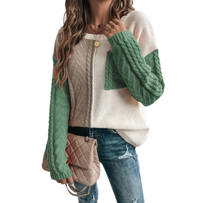 Women's Round Neck Wool Long Sleeve Fashion All-match Contrast Color Sweater