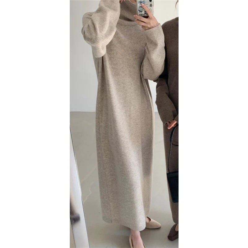 Casual Thicken Warm Women Knitted Dress Full Sleeve Loose Turtleneck Female Sweater Dresses 2021 Autumn Winter Vestidos