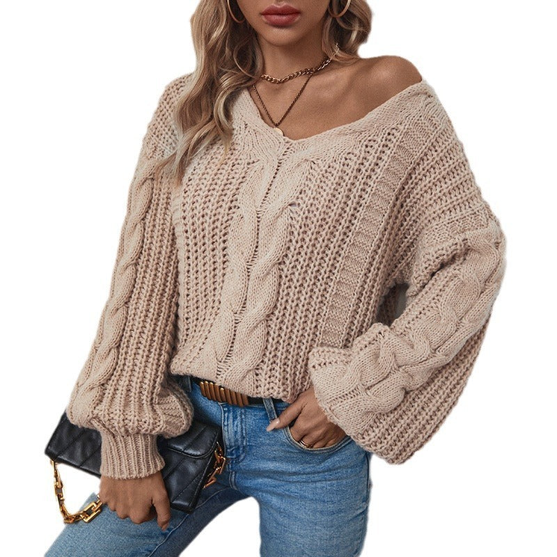 European And American Solid Color Twisted Sweater Women's Autumn Winter Retro Lantern Sleeve Twisted Sweater