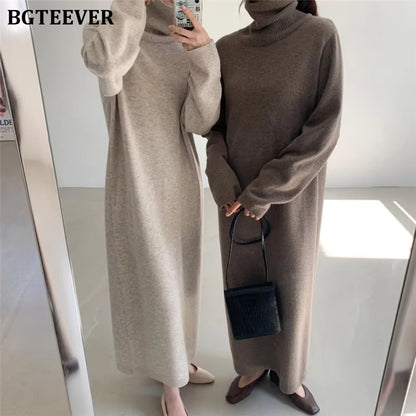 Casual Thicken Warm Women Knitted Dress Full Sleeve Loose Turtleneck Female Sweater Dresses 2021 Autumn Winter Vestidos