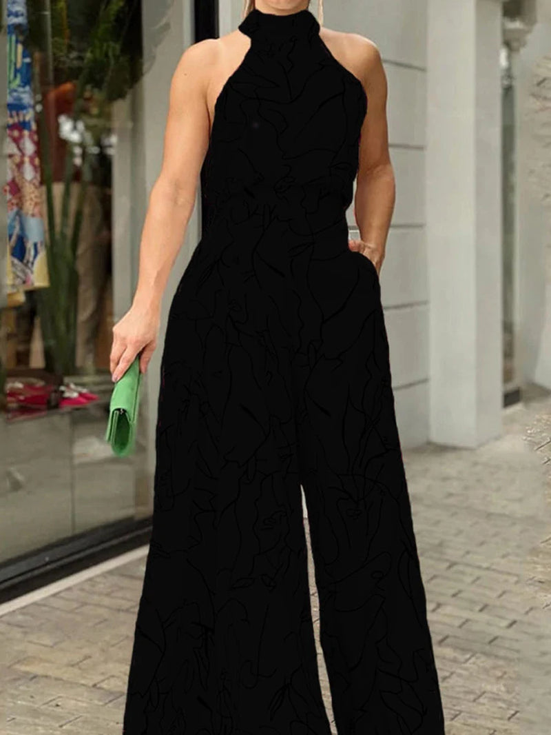 Women'S Elegant Waist Halter Jumpsuit Casual Print Tie Sleeveless Wide Leg Long Pant Summer Clothing